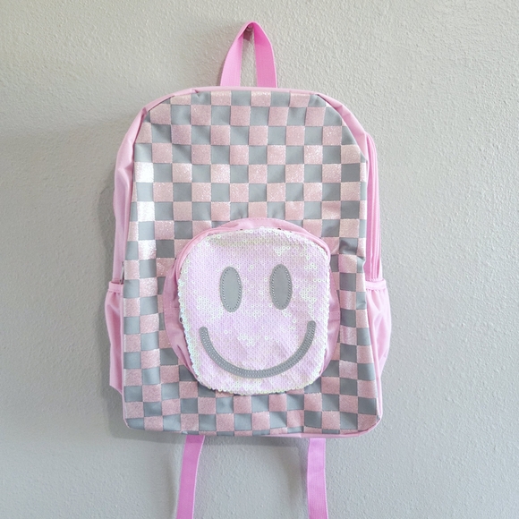 Pink and Gray Checkered Kids School Backpack Sequin Smiley Face Accent - Picture 1 of 5